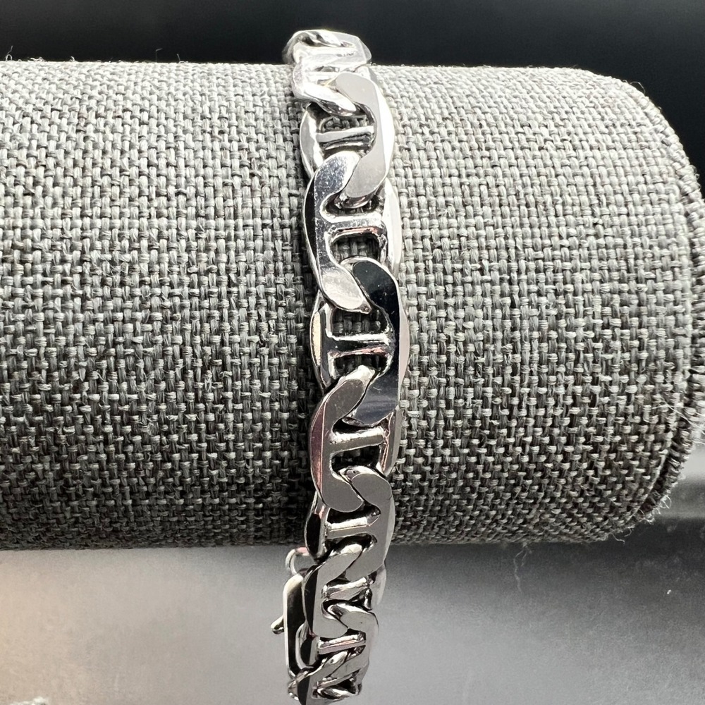 White Gold Plated 14KGP Mariner Anchor Link Chain Bracelet 7.75" Vintage 90s